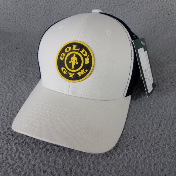 NEW Vintage Gold's Gym Baseball Cap Hat Adult Small Medium Flexfit Mesh White